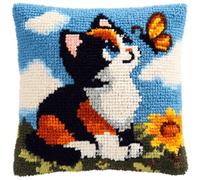 XDEGHUANGSS Butterfly and Cat Latch Hook Cushion Kit for Beginners - DIY Handmade Pillowcase Sofa Cushion Cover, Home Decoration Yarn Craft Gift Set,43x43 cm