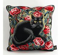 XDEGHUANGSS Complete Latch Hook Kit for Cushion,All-Inclusive DIY Embroidery Kit with Tool,17x17 in Plush Sofa Cushion Cover for Home Decor,Beginner Friendly Craft for Adults Kids(Black Cat Rose)
