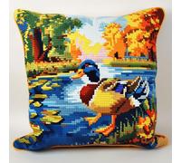 XDEGHUANGSS DIY Latch Hook Cushion Cover Kit for Relaxing Home Crafts & Beginners,17x17 Inch 3D Embroidery Pillow Making Set with Easy Rug Tools for Adults & Starters(Mandarin Ducks in The Pond)