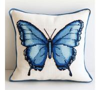 XDEGHUANGSS DIY Latch Hook Cushion Kit 17x17 Inch,Blue Butterfly Pattern Printed Canvas Crochet Yarn Kit for Handmade Cushion,Carpet & Home Decor,Craft Set for Adults & Kids