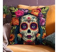 XDEGHUANGSS DIY Latch Hook Cushion Kit 43x43 cm,Pre-Printed Canvas,Therapeutic Craft for All Ages,Modern UK Home Decor,Vibrant Floral Skull