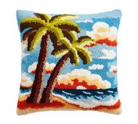 XDEGHUANGSS DIY Latch Hook Cushion Kit - Beach Palm Trees Pattern Pillow Cover for Beginners,Handmade Yarn Latch Hook Pillowcase Sofa Cushion Material Pack,Home Decor Gift Set,43x43 cm