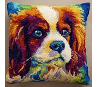 XDEGHUANGSS DIY Latch Hook Cushion Kit - Charles Spaniel Pattern Pillow Cover for Beginners,Handmade Yarn Latch Hook Pillowcase Sofa Cushion Material Pack,Home Decor Gift Set,43x43 cm