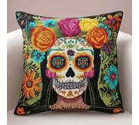 XDEGHUANGSS DIY Latch Hook Cushion Kit,Easy Handmade Pillow Making Set with Pre-Printed Pattern & Soft Yarn for Cosy UK Homes,43x43 cm,Vibrant Floral Skull