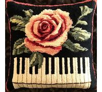 XDEGHUANGSS DIY Latch Hook Cushion Kit for Adults,Mixed Color Embroidery Crafts Set,Pillowcase and Rug Making,All-Season Craft Cushion,Yarn Kits for Home Decoration,43x43 cm,Piano Flowers