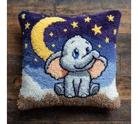 XDEGHUANGSS DIY Latch Hook Cushion Kit with Vibrant Printed Canvas,Easy Hooking Pillow Cover Set Including Yarn,Zipper & Tool for Cozy Home Sofa Decor Crafts,17x17 Inch(Baby Elephant)