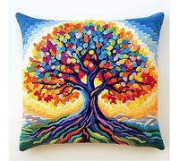 XDEGHUANGSS DIY Latch Hook Pillow Kits for Adults Beginners Pillow Cover with Color Pattern Printed Tree of Life Cross Stitch Embroidery Latch Hook Cushions Hobby and Needlework Adult 43x43cm