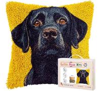 XDEGHUANGSS DIY Latch Hook Pillow Kits for Adults Cartoon Black Labrador Dog Printed Pillowcase Crochet Yarns Hooking Handmade Pillow Cover Cushion for Home Sofa Decoration 17x17 inch