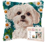 XDEGHUANGSS DIY Latch Hook Pillow Kits for Adults Cute Maltese Dog in Daisy Flowers Printed Pillowcase Crochet Yarns Hooking Handmade Pillow Cover Cushion for Home Sofa Decor 17x17 inch