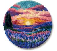 XDEGHUANGSS DIY Latch Hook Rug Kit Bluebell Flowers and Sunset Round Carpet with Pattern 52x52cm Yarn Hooking Crochet Mat Home Floor Mat Decor-4