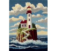 XDEGHUANGSS DIY Latch Hook Rug Kit Cliff Lighthouse Easy for Beginners Crochet Yarn Hook and Latch Tapestry Mat Cushion Craft Set for Home Decor 38x52cm