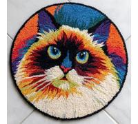 XDEGHUANGSS DIY Latch Hook Rug Kit for Aldults Birman Cat Catch Fish Round Carpet with Preprinted Patterns 52x52cm Yarn Hooking Crochet Mat Home Floor Mat Decor