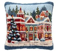 XDEGHUANGSS Handmade Look Cushion Kit: DIY Latch Hook 43x43 cm Decorative Square Pillow Cover,Christmas Town Pattern Design,Plush Textured Finish,ome Decor Craft Project UK