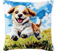 XDEGHUANGSS Happy Playing Dog Complete Latch Hook Craft Kit for Adults & Kids - 17x17 Inch DIY Rug Making Set with Pre-Stamped Canvas | Create Pillow Covers, Cushions & Home Decor Projects