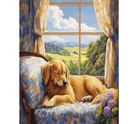 XDEGHUANGSS Landscape Cross Stitch Kits,Sleeping Golden Retriever,Embroidery Kits for Adults Beginners Starter Easy Cross Stitch Landscape Patterns Set,40x50 cm