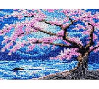 XDEGHUANGSS Latch Hook Craft Kit for Beginners,Make Your Own Rug or Cushion Cover with Colour Printed Canvas,Acrylic Yarn & Hook,Fun Hobby Gift Idea,Blossom Cherry Tree Blue Moon-52x38cm