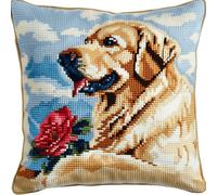 XDEGHUANGSS Latch Hook Cushion Cover Kit 17x17 Inch,DIY 3D Pillow Case Making Kit,Easy Knitting & Rug Making Set for Beginners and Adults,Handmade Home Décor Craft Gift(Golden Retriever)