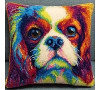 XDEGHUANGSS Latch Hook Cushion Kit,Charles Spaniel Pattern DIY Pillow Cover,Beginner Friendly Tufting Yarn Craft Kit,Handmade Sofa Cushion Cover,Latch Hook Pillow Kit for Home Decor & Gift,43x43 cm