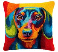 XDEGHUANGSS Latch Hook Cushion Kit,Dachshund Pattern DIY Pillow Cover,Beginner Friendly Tufting Yarn Craft Kit,Handmade Sofa Cushion Cover,Latch Hook Pillow Kit for Home Decor & Gift,43x43 cm