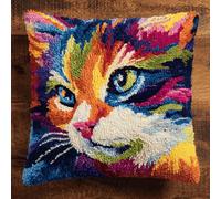 XDEGHUANGSS Latch Hook Cushion Kit,Tabby Cat Pattern DIY Pillow Cover,Beginner Friendly Tufting Yarn Craft Kit,Handmade Sofa Cushion Cover,Latch Hook Pillow Kit for Home Decor & Gift,43x43 cm