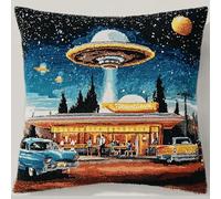 XDEGHUANGSS Latch Hook Pillow Making Kit,Beginner Easy DIY Cushion Craft with Colourful Yarn,Ideal for UK Gifting & Home Decor 43x43 cm,Retro UFO Diner Scene