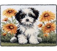 XDEGHUANGSS Latch Hook Rug Kit Cartoon Havanese Dog Portrait with Flowers with Pre-Printed Mat Cover DIY Cushion Crochet Yarn Hooking Craft Set for Hobby and Floor Decor 52x38cm -3