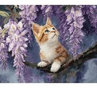 XDEGHUANGSS Latch Hook Rug Kit for Adults Beginners,Cat in The Wisteria Tree,Pre-Printed Canvas DIY Rug Making Kit with Yarn & Tool,Easy Crochet Latch Hook Crafts Carpet,Home Decor,52x38 cm