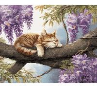 XDEGHUANGSS Latch Hook Rug Kit for Adults Beginners with Pre-Printed Canvas,Cat in The Wisteria Tree,DIY Crochet Yarn Carpet Making for Home Decoration,52x38cm