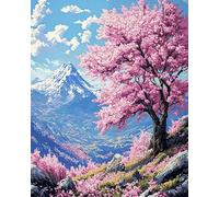 XDEGHUANGSS Natural Landscape Cross Stitch Kit,Cherry Blossom Trees in The Mountains,Full DIY Embroidery Set with Threads & Patterns,Perfect for Beginners,Home Decor & Gift,40x50 cm