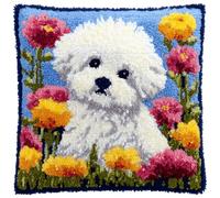 XDEGHUANGSS Puppy in Flowers Latch Hook Cushion Kit for Beginners - DIY Handmade Pillowcase Sofa Cushion Cover, Home Decoration Yarn Craft Gift Set,43x43 cm