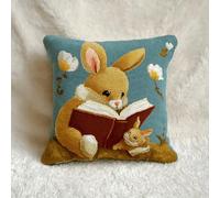 XDEGHUANGSS Reading Rabbit Crochet Latch Hook Pillow Kit,DIY Cushion Cover 43x43cm with Pre-Printed Canvas,Yarn & Tool,Sofa Rug Craft Project for Adults & Teens