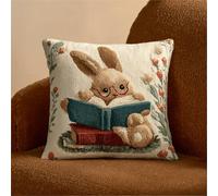 XDEGHUANGSS Reading Rabbit Latch Hook Cushion Kit 43x43cm,DIY Pillow Cover Craft Set with Pre-Printed Canvas,Yarn & Hook for Beginners & Adults,Handmade Home Sofa Décor,Christmas Crochet Gift