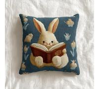 XDEGHUANGSS Reading Rabbit Latch Hook Pillow Kit,43x43cm DIY Crochet Cushion Craft,Color Printed Yarn Needlework,Christmas Home Decor Sofa Pillowcase Rug Cover