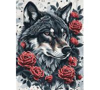 XDEGHUANGSS Stamped Cross Stitch Kits for Adults Beginners,Complete Embroidery Kit with Printed Colorful Pattern on Canvas,Rose Wolf,16x20 in Handcrafted Needlepoint Supplies for Relaxation & Gift