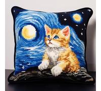 XDEGHUANGSS Starry Night & Cat Latch Hook Kits Pillow DIY Rug Crochet Hook Cushion Making Kits Printed Color Pattern Canvas Pillowcase Hooking Kits Pillow Cover Starter DIY Crochet Kits 43x43cm