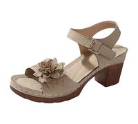 XDFVC Women's Chunky Block Mid Heels Sandals with Adjustable Ankle Strap 3D Flowers Casual Dressy Classic Platform Open Toe Hollow Out Comfortable Walking Sandals for Going Out Beach Daily Wear, Beige