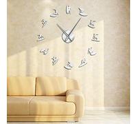 XDG Surfing Silhouettes Wall Art Mirror Stickers DIY Large Wall Clock Water Sport Wakeboarding Surfers decoration Modern Wall Clocks (Silver、27 inches)