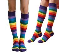 XDGBGFN 1 Pair Pack Striped Knee High Socks Unisex Baumwolle Extra Fein Rainbow Strümpfe Sportsocken (UK, Alpha, One Size, Regular, Regular, 1, Weiß Schwarz)