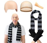 XDGBGFN Bald Cap Adults Costume Accessories Set Halloween Costume Accessories With Striped Scarf Bald Cap Hair Nets,Fake Long Nose Gloves Outfit Kit for Cosplay Halloween Party