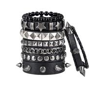 XDGBGFN Pack of 6 Unisex Punk Bracelet Black Gothic Punk Leather Bracelet Adjustable Punk Bangle Leather Rivets Bracelet for Gothic, Rocker Outfits