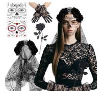 XDGBGFN Women's Day of the Dead Costume: Headband Veil Face Tattoos Flowers Rose with Lace Gloves for Party, Carnival, Cosplay, Halloween