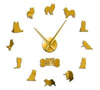XDGUK Icelandic Sheepdog Silouette 3D DIY Wall Clock, Frameless Mirror Numbers, Silent Non-Ticking Lounge Decor (Gold,37inch)