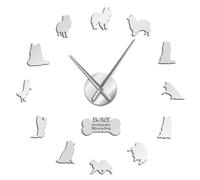 XDGUK Icelandic Sheepdog Silouette 3D DIY Wall Clock, Frameless Mirror Numbers, Silent Non-Ticking Lounge Decor (Silver,37inch)