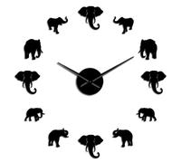 XDGUK Jungle Animals Elephant Frameless Frameless Wall Clock - 3D Mirror Surface Wall Stickers Silent Giant Clock for Living RoomHome Decor, Adjustable Diameter (Black,37inch)