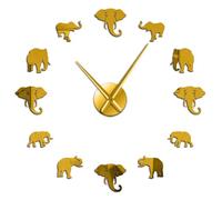 XDGUK Jungle Animals Elephant Frameless Frameless Wall Clock - 3D Mirror Surface Wall Stickers Silent Giant Clock for Living RoomHome Decor, Adjustable Diameter (Gold,37inch)