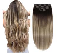 XDhair Real Hair Clip-In Extensions, 35 cm, 100 g, Dark Brown to Chestnut Brown and Dirty Blonde Highlights, Remy Human Clip-In Hair Extensions, Natural Real Hair Extensions (#2/6/18-14 Inches)
