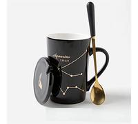 XDLEDMKIZ Ceramic Coffee Mug With Lid And Spoon Black Aquarius Tea Cup Pottery Coffee Cup Mugs For Office And Home Cup,
