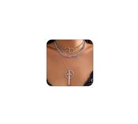 xdlhghe Sword Silver Necklace for Women Mens Stack Chunky Chain Layered Circle Gothic Necklaces Dagger Y2k Long Summer Goth Cuban Punk Stackable Necklaces Jewelry Gift, L, Brass, No Gemstone