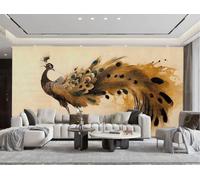 XDOUBAO Wallpaper Modern Art Ink Peacock Feather Brown Texture Landscape Painting TV Sofa Background Wall Wallpaper Living Room Restaurant Coffee Shop Mural,3D,350x245cm