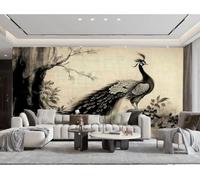 XDOUBAO Wallpaper Modern Hand-Painted Ink Peacock Art Mountain Trees Landscape TV Sofa Background Wall Wallpaper Living Room Restaurant Coffee Shop Mural,3D,250x175cm